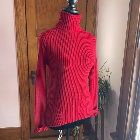 Red Ribbed Turtleneck Sweater Fitted Cuffed Sleeves Valentines Y2K M Coquette - Picture 2 of 9
